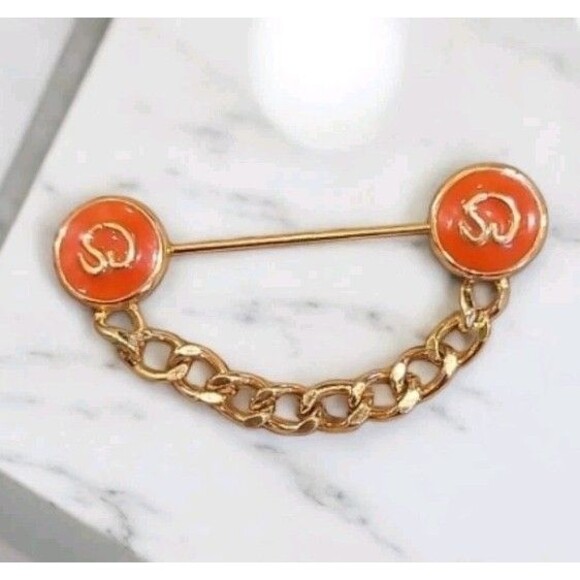 St. John Vintage Orange Collar Pin Brooch Logo SJ Chain Enamel Gold Tone 1990s - Picture 1 of 6